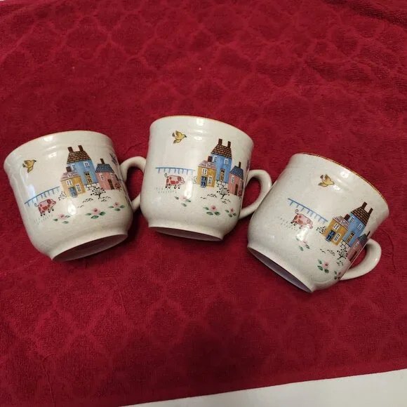 International Stoneware Heartland Village Japan Coffee Cup Set of 3 Vintage - Picture 1 of 8